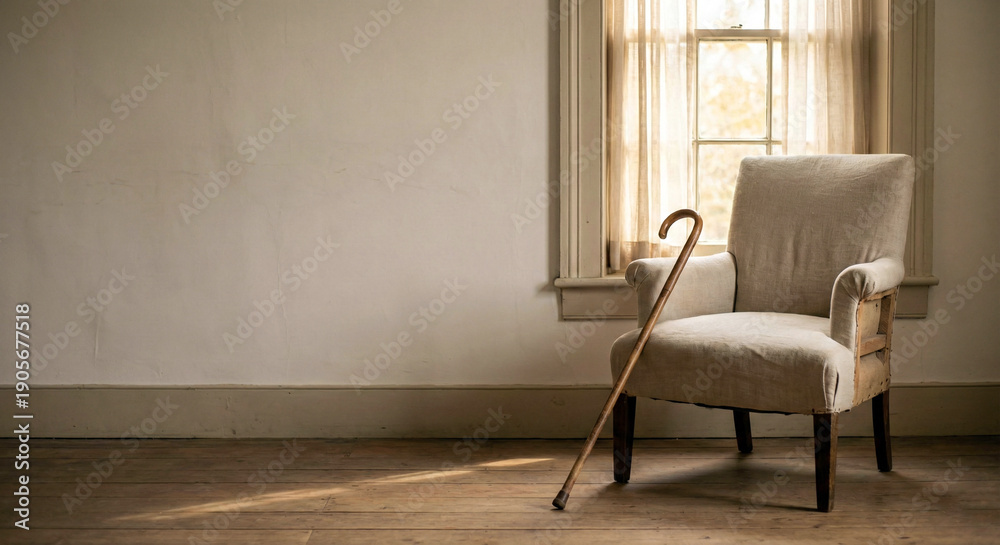 Fototapeta premium Simple elder walking cane leaning against chair near bright window