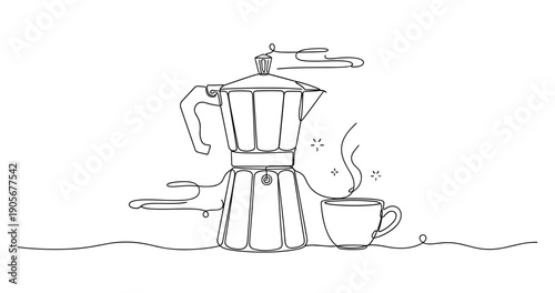Minimalist line art of coffee maker and cup with steam lines. None editable stroke
