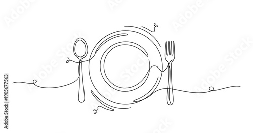 Continuous line art of a dining set with plate, spoon, and fork. None editable stroke