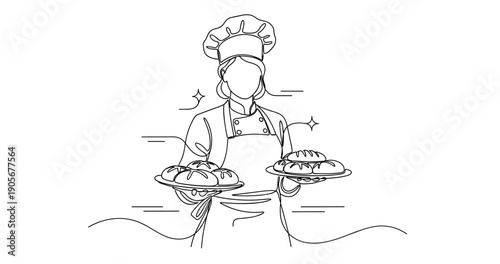 Female chef holding freshly baked bread loaves in line art illustration. None editable stroke