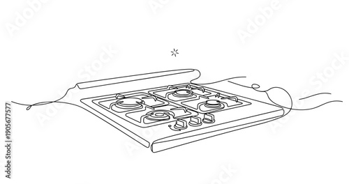 Minimalist line drawing of a modern kitchen gas stove top. None editable stroke