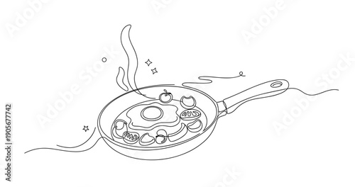 Hand-drawn cooking scene with egg and vegetables in pan. None editable stroke