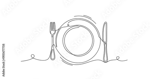 Minimalist continuous line drawing of plate, fork, and knife on white background. None editable stroke