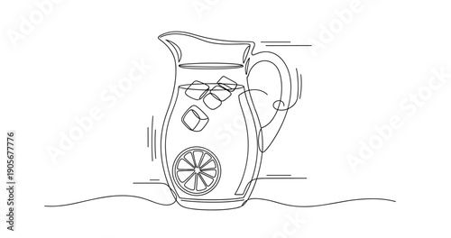 Line art of lemon water pitcher with ice cubes and citrus slice. None editable stroke