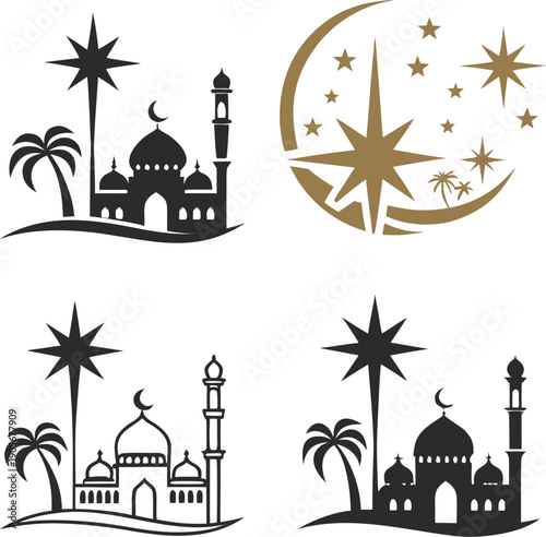 Islamic motifs featuring a mosque palm trees crescent moon and stars