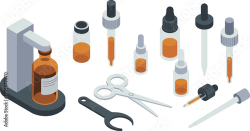 Isometric laboratory dropper bottles set with medical tools, essential oil containers, cosmetic serum packaging illustration isolated on white background