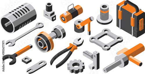 Isometric industrial tools and mechanical parts set, engineering equipment, repair instruments, manufacturing components illustration isolated on white background