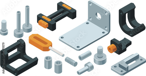 isometric, industrial, mechanical, components, hardware, engineering, machinery, parts, fasteners, tools, metal, equipment, construction, 