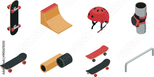 skateboard, skatepark, safety, helmet, ramp, rail, extreme, sport, equipment, isometric, vector, illustration, urban, youth, lifestyle, protection, training, hobby, collection, design