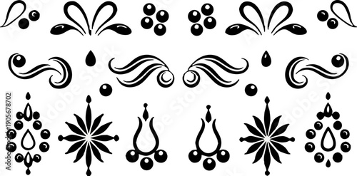 A collection of stylized, black ink design elements arranged in rows and columns against a transparent background. The elements vary in shape and size, resembling decorative flourishes, water splashes