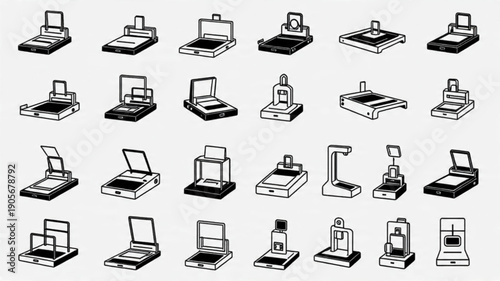 Titles: Office Scanners and Printers Icon Set, Technology Equipment Line Art Vector, Minimalist Office Peripherals Graphics, Outline Document Imaging Devices

