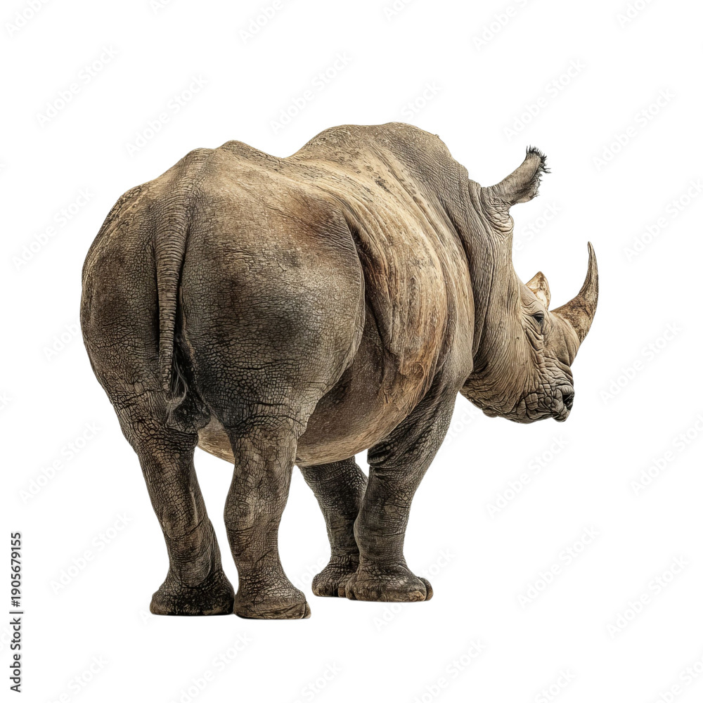 Fototapeta premium PNG of A majestic rhinoceros seen from behind, showcasing its powerful form and distinctive horn.