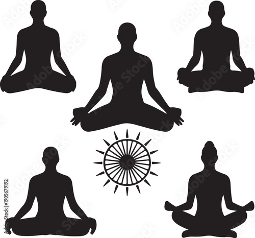 Meditating Group in Lotus Position with Dharma Wheel Wellness Vector Illustration