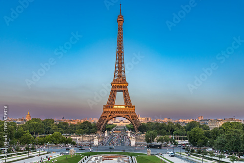 Eiffel Tower in Paris viewed at blue hour, a famous landmark in the capital of France