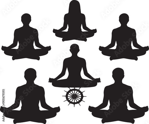 Meditating Group in Lotus Position with Dharma Wheel Wellness Vector Illustration