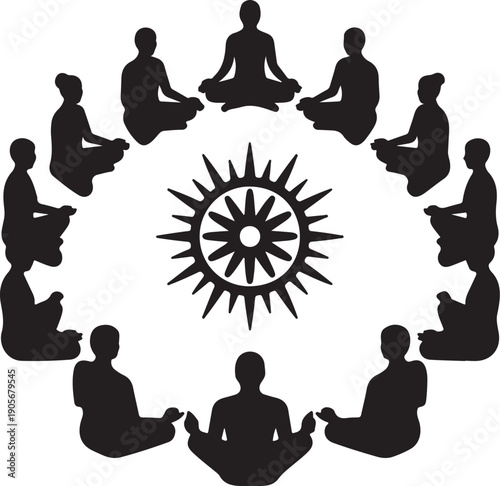 Group Meditation with Central Figure and Dharma Wheel Wellness Vector Illustration