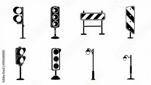Titles: Traffic Lights and Barriers Icon Set, Urban Street Elements Vector Graphics, Minimalist Road Safety and Lighting Symbols, Black Outline City Infrastructure

