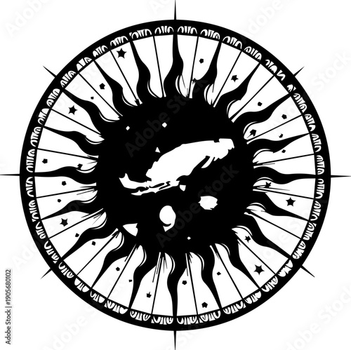 A black and white vector graphic illustration of a zodiac sun wheel with a fish symbol