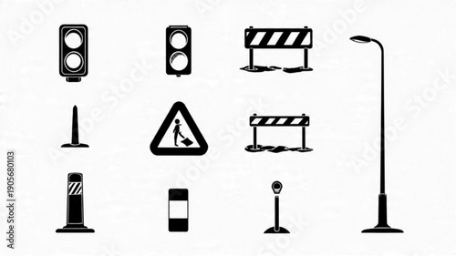 Titles: Road Safety and Construction Icons, Traffic Lights and Warning Signs Set, Minimalist Road Work Barriers Graphics, Black Outline Public Safety Symbols

