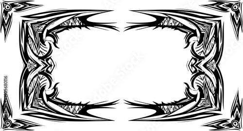 A black and white abstract border design with a symmetrical pattern and ornate details