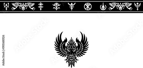 A black and white vector graphic of a mythical bird with a banner of symbols