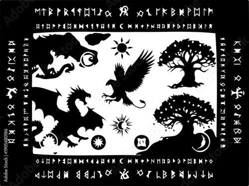 A mystical vector graphic featuring a dragon, eagle, and tree silhouettes with celestial elements