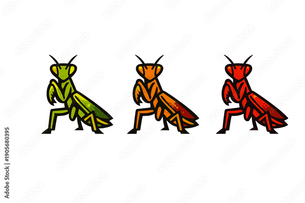 Fototapeta premium Three stylized praying mantis icons are displayed in a horizontal row against a black background. The insects are colored in vibrant shades of green, orange, and red with thick outlines.