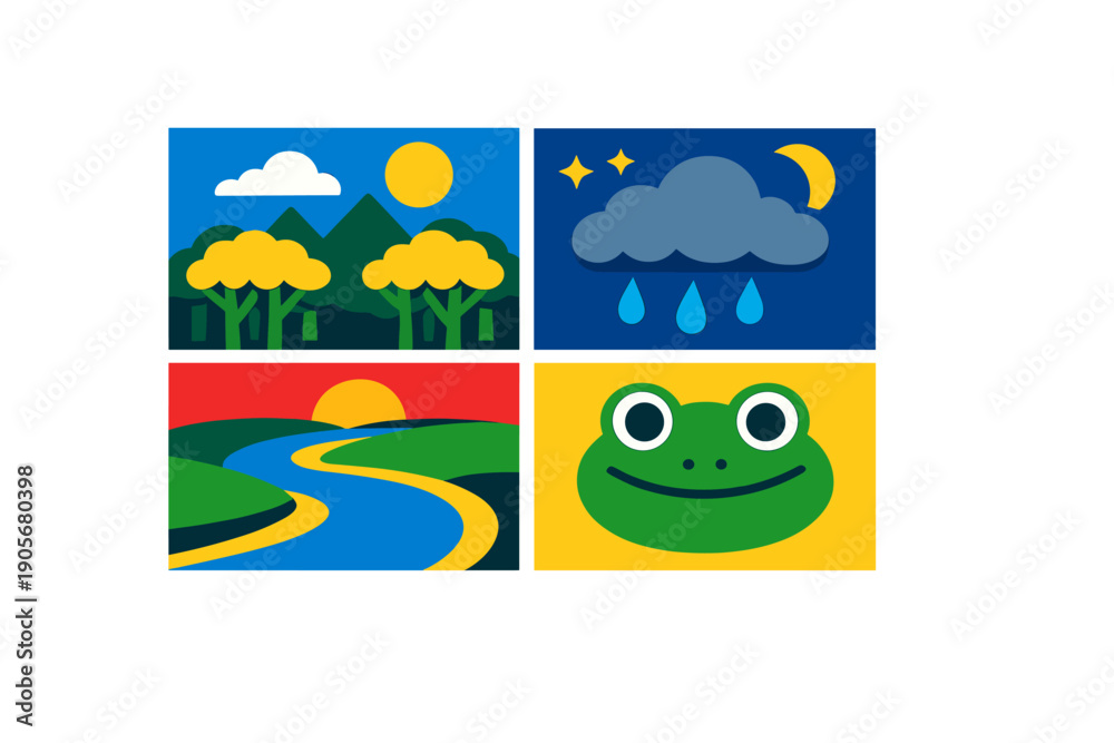 Naklejka premium A grid of four flat vector illustrations featuring a sunny forest, a rainy night scene with a moon, a sunset over a winding river, and a smiling green frog face on a yellow background.