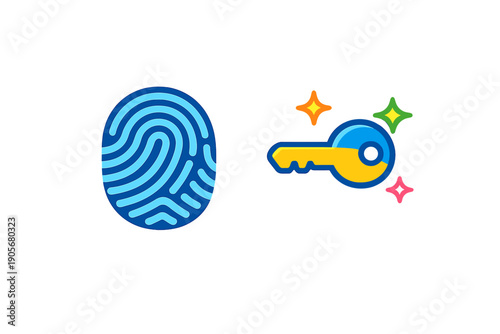 A digital illustration featuring a blue fingerprint icon next to a yellow and blue key with colorful stars, symbolizing biometric security and access on a black background.
