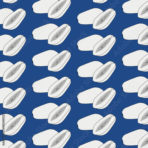 Papaya Outline Isolated on blue Background, Tropical Fruit Line Art Illustration. Simple tropical fruit line art design suitable for icon, logo, coloring page, packaging, food branding, healthy lifes