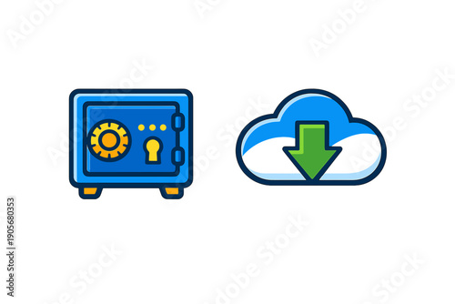 A blue safe icon with a yellow dial and a cloud icon with a green download arrow, both presented on a solid black background in a flat graphic style.