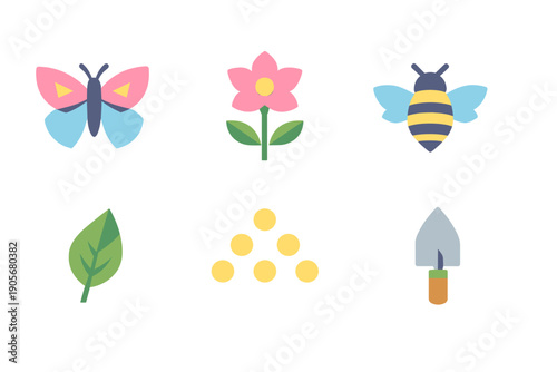 A collection of six flat design icons featuring a colorful butterfly, a pink flower, a bumblebee, a green leaf, yellow seeds, and a gardening trowel on a black background.