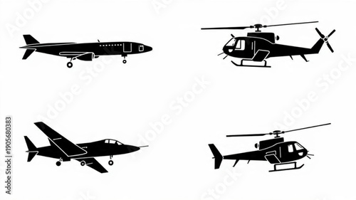 Titles: Military Aircraft and Helicopter Icons, Fighter Jet Aviation Silhouette Set, Minimalist Air Force Vectors, Black Outline Military Transport Graphics

