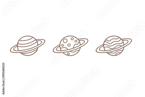 Three minimalist line art illustrations of ringed planets are displayed against a dark background. Each planet features a unique surface pattern including stripes, craters, and waves.