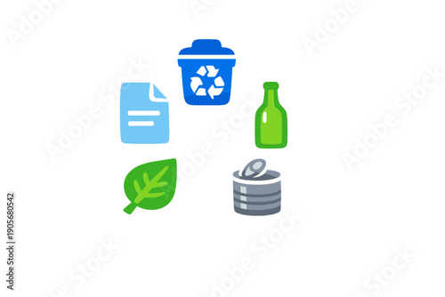Wallpaper Mural This illustration features five distinct icons for recycling: a blue bin with a symbol, a green glass bottle, a metal can, a green leaf, and a blue paper sheet on a black background. Torontodigital.ca