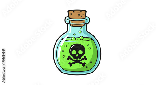 Cartoon illustration of glass bottle filled with toxic bright green liquid and skull sign isolated