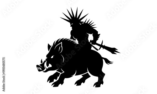 Warrior riding a boar with a spear in a powerful stance and a spiky crest on his head  mythological creature