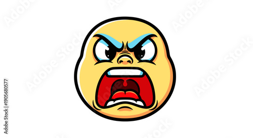 Cartoon Angry Face Character with Furious Expression Isolated on White Backdrop