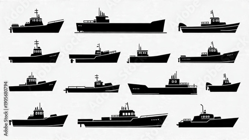 Titles: Ships and Boats Silhouette Icon Set, Marine Vessels Vector Collection, Minimalist Maritime Transportation Graphics, Black Naval and Cargo Ships

