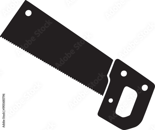 Black silhouette of a hand saw with a serrated blade and a handle white tool