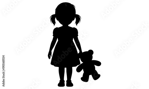 silhouette of a little girl with pigtails holding a teddy bear standing on a transparent  background
