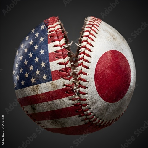 Conceptual studio shot of baseball split down middle between USA flag and Japan flag textures