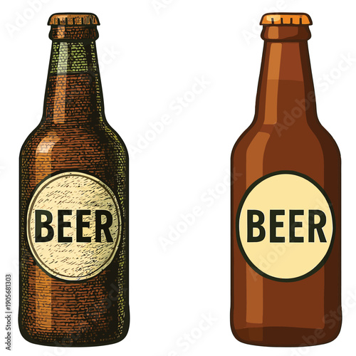Classic Beer Bottle Engraved Style - Vintage Flat Vector Illustration, Perfect for Pubs and Breweries