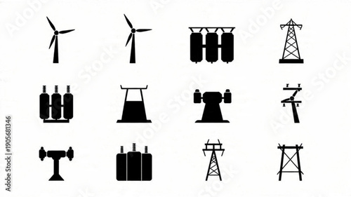 Titles: Energy Generation and Power Icons, Industrial Electricity Plant Silhouettes, Minimalist Renewable Energy Vectors, Black Power Infrastructure Graphics

