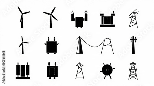 Titles: Industrial Energy Icons Set, Power Generation Plant Silhouettes, Minimalist Electricity Infrastructure Vectors, Black Factory and Turbine Graphics


