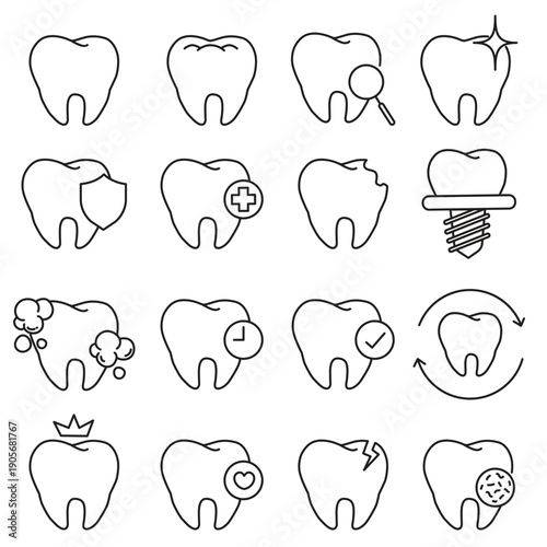 Tooth icons Set of dentistry symbols signs and symbols, include healthy tooth, cavity, dental health, and hygiene visuals. clean and minimal design isolated on white, vector illustration