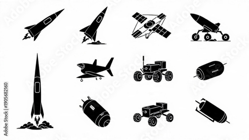Titles: Space and Aviation Technology Icons, Exploration Vehicles Silhouette Set, Minimalist Aerospace Graphics, Black Outline Rocket Satellite Jet

