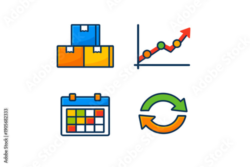 A set of four business icons featuring stacked shipping boxes, a rising line graph with an arrow, a colorful calendar, and circular arrows representing a process or cycle.