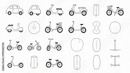 Titles: Minimalist Vehicle Line Art Icons, Urban Transport Outline Graphics, Car Scooter Bike Symbols Set, Simple White Mobility Vectors


