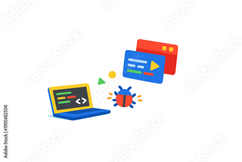 A flat illustration of a laptop displaying code next to a bug icon and floating application windows, representing software development and debugging processes on a black background.
